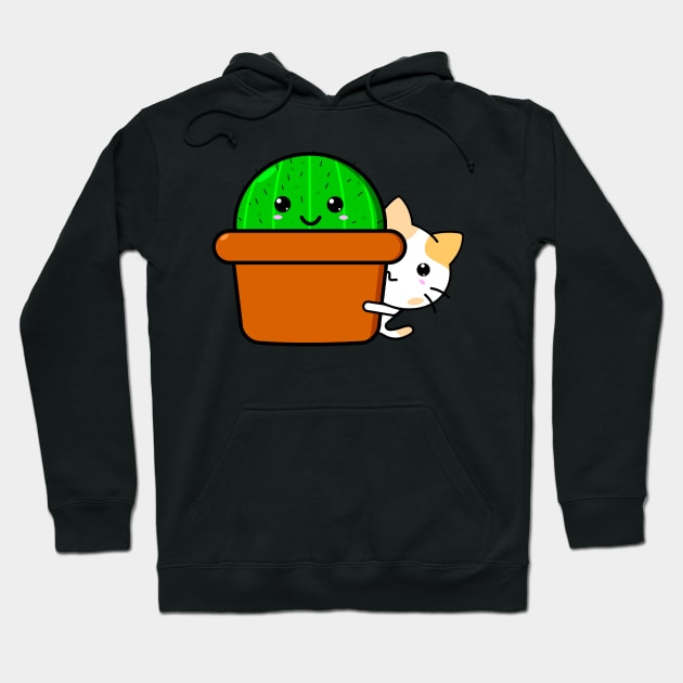 Cute Kawaii cat peeking out behind cactus Hoodie by All About Nerds